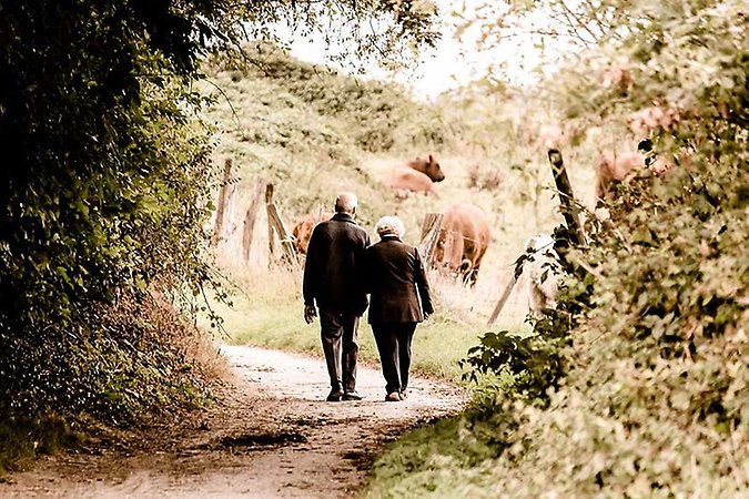 Äldre par på promenad i skogen